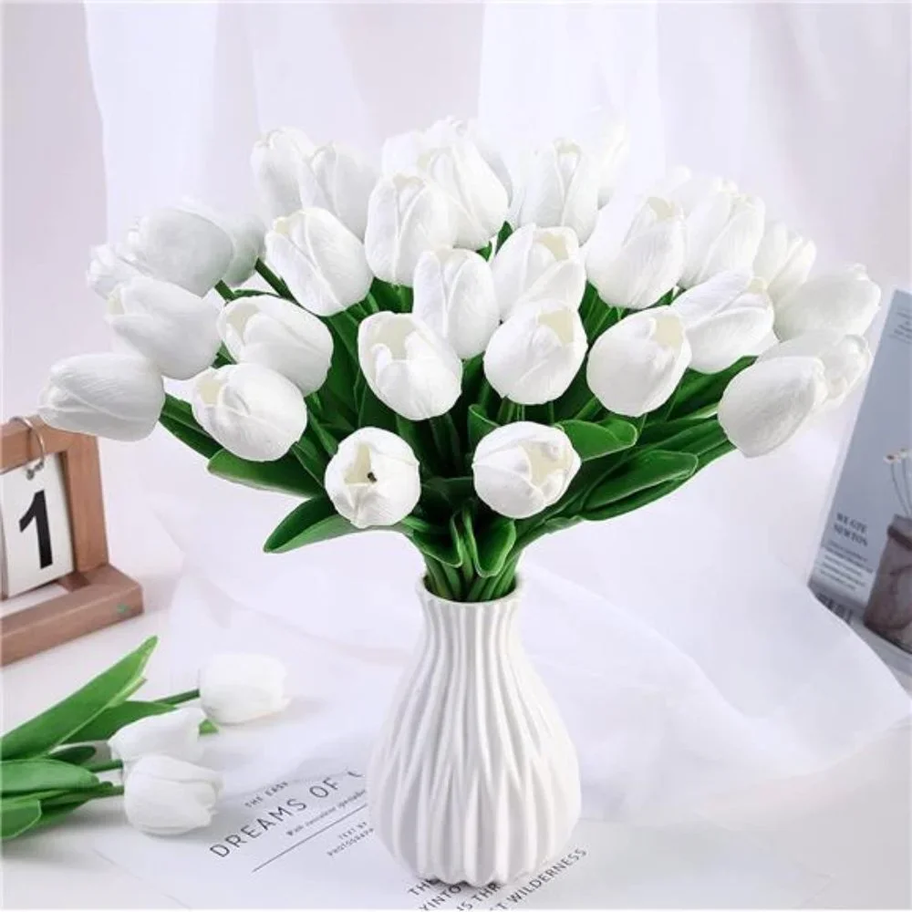 10 Pcs Tulips Artifical Flowers Real Touch Faux Tulip Stems Table Decor (White)